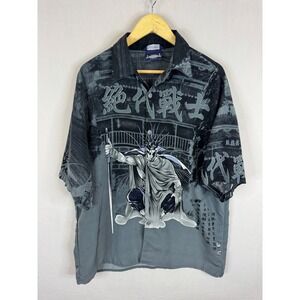 Fox Collection‎ Mens Samurai Anime Graphic Button Down Shirt Grey Black Large